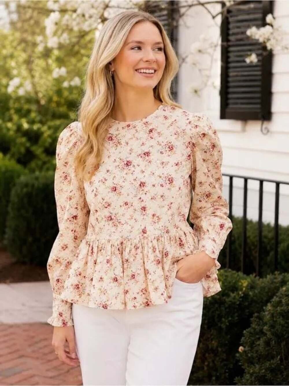 Tuckernuck Hyacinth House Ava Floral Peplum Blouse Medium Preppy Puff Sleeve Top